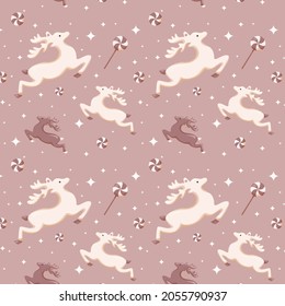 Christmas seamless minimalistic pattern for gift packaging design, delicate colors, reindeer and christmas toys