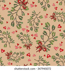 Christmas seamless with mistletoe. Hand drawn 