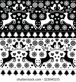 Christmas seamless monochrome pattern with reindeer - folk style
 
