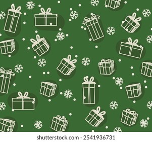 christmas seamless motive presents wraping paper scandinavian type pattern snowflake gifts  on green background