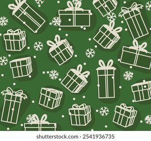 christmas seamless motive presents wraping paper scandinavian type pattern snowflake gifts  on green background