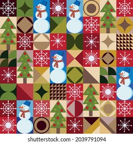Christmas seamless multicolored pattern. snowflakes, Christmas trees, snowmen. New Year 