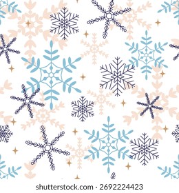 Natal sem emenda multi-camadas padrão com flocos de neve com diferentes padrões. Azul, azul-violeta, dourado sobre fundo branco