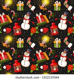 Christmas seamless ornament with candles, hat, gifts and a flashlight on a black background