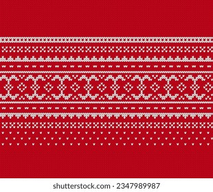 Christmas seamless ornament. Xmas print border. Red knitted geometrical pattern. Fair isle traditional holiday background. Festive sweater. Vector illustration.