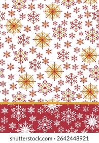Christmas seamless ornamental gold Snowflake pattern in a border on white with red background. Used for textile kitchen towel product, wallpaper, greeting cards. 
