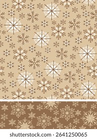 Christmas seamless ornamental white Snowflake pattern in a border on brown  with beige background. Used for textile kitchen towel product, wallpaper, greeting cards. 