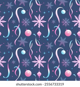 Christmas seamless pastel pattern with balls, lantern, snowflakes and ribbons on blue background. Perfect for holiday invitations, winter greeting cards, wallpaper and gift paper