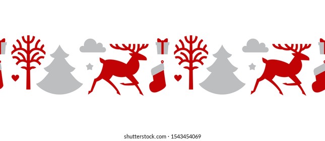 Christmas seamless patterin with reindeer, fir trees and gift. Nordic design.