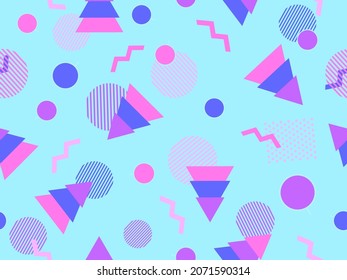 Christmas seamless pattern in 80s style with Christmas trees and geometric shapes. Xmas design for printing on promotional materials, wrapping paper and banners. Vector illustration
