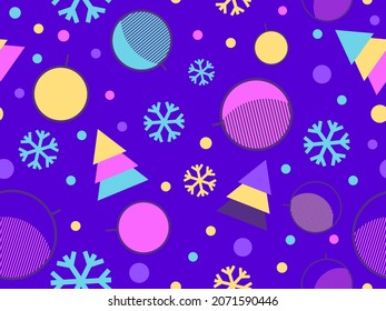 Christmas seamless pattern in 80s style with colorful Christmas trees, balls and snowflakes. Xmas design for printing on promotional materials, wrapping paper and banners. Vector illustration