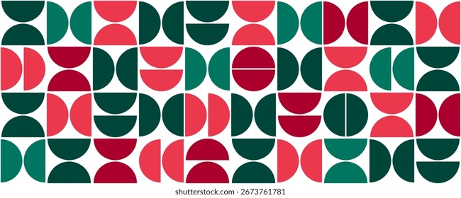 Weihnachten nahtloses Muster. Abstrakte Bauhaus nahtlose Textur. Halbkreis formt Hintergrund. Xmas geometrischen BG-Design. Rote und grüne Textur im Bauhausstil. Vintage-Mosaik, Vektorgrafik.