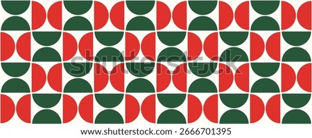 Christmas seamless pattern. Abstract Bauhaus seamless texture. Half circle shapes background. Xmas geometric simple design. Red and green texture in Bauhaus style. Vintage mosaic vector illustration.