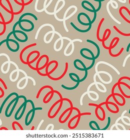Christmas Seamless Pattern with Abstract Curls. Trendy celebratory background with colorful line swirl doodle scribble squiggle elements. Modern vector illustration
