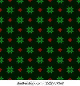 Christmas seamless pattern with abstract geometric ornament in greeen red colors, stars or flowers background. Texture for textile, scrapbook or wrapping paper, new year decoration - vector