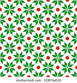 Christmas seamless pattern with abstract geometric ornament in greeen red colors, stars or flowers background. Texture for textile, scrapbook or wrapping paper, new year decoration - vector