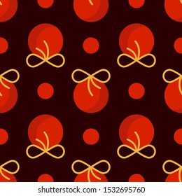 Christmas seamless pattern with abstract geometric ornament in greeen red colors, balls, polka dot background. Texture for textile, scrapbook or wrapping paper, new year decoration - vector
