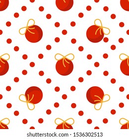 Christmas seamless pattern with abstract geometric ornament in greeen red colors, balls, polka dot background. Texture for textile, scrapbook or wrapping paper, new year decoration - vector