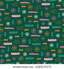 Christmas seamless pattern with abstract geometric shapes and snowflakes on green background. Perfect for wallpaper, gift paper, winter greeting cards. Vector illustration