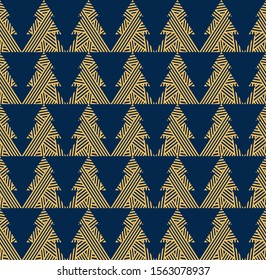 Christmas seamless pattern with abstract gold trees. Happy New Year. Dark blue background for gift wraps, textiles, wallpapers and scrapbook. Vector.