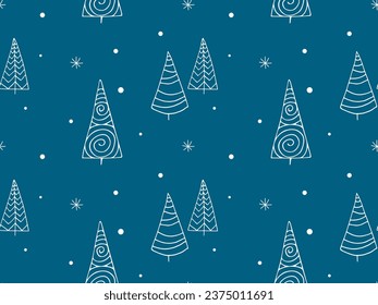 Christmas seamless pattern with abstract line Christmas tree. Doodle hand drawn geometric spruce fir pine and snowflakes on a blue background. Winter holiday endless pattern