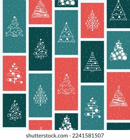 Christmas seamless pattern with abstract xmas tree on red and blue background