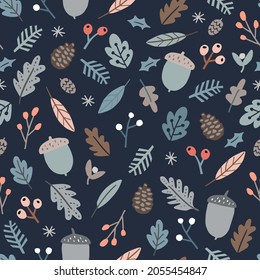 Christmas seamless pattern with acorns, pine cones and  red berries. Fir tree branches and oak leaves on dark blue background. Winter, autumn floral design. Gift wrapping paper, textile. Vector.