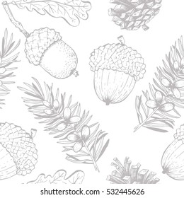 Christmas seamless pattern with acorns, pine cones and pine branches