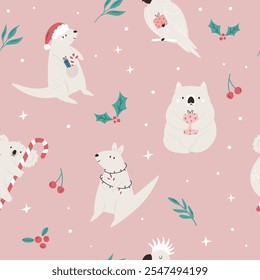 Christmas seamless pattern with adorable Australian animals kangaroo, koala, wombat, cockatoo. Holiday surface design for gift box, prints, fabric, wrapping paper