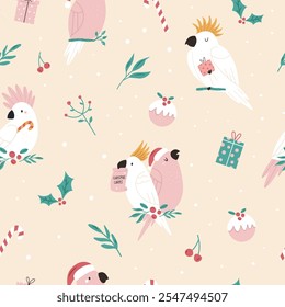 Christmas seamless pattern with adorable Australian cockatoo parrots. Holiday surface design for gift box, prints, fabric, wrapping paper