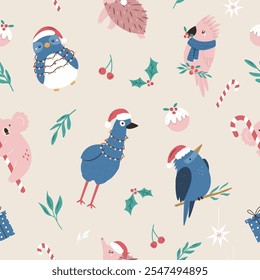 Christmas seamless pattern with adorable Australian animals emu, koala. kookaburra, echidna, penguin. Holiday surface design for gift box, prints, fabric, wrapping paper
