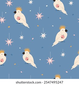 Christmas seamless pattern with adorable Australian cockatoo parrots. Holiday surface design for gift box, prints, fabric, wrapping paper