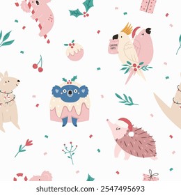 Christmas seamless pattern with adorable Australian animals koala, echidna, kangaroo, cockatoo parrots. Holiday surface design for gift box, prints, fabric, wrapping paper
