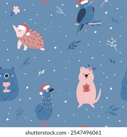 Christmas seamless pattern with adorable Australian animals emu, echidna, wombat, kookaburra, quokka. Holiday surface design for gift box, prints, fabric, wrapping paper