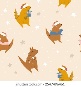 Navidades sin patrón con adorables canguros australianos. Diseño de la superficie de Festiva para la caja de regalo, impresiones, tela, papel de embalaje