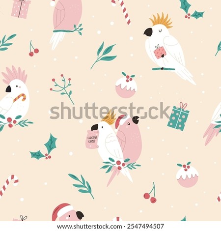Christmas seamless pattern with adorable Australian cockatoo parrots. Holiday surface design for gift box, prints, fabric, wrapping paper