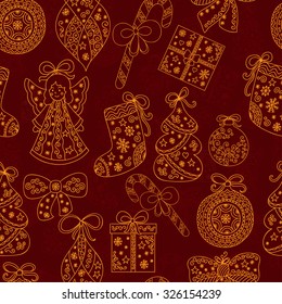 Christmas seamless pattern - angel, ball, ribbon, tree.