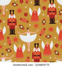 Weihnachten nahtloses Muster mit Engel, Süßigkeiten, Stern, Ballerina, Schnee, Soldat auf goldenem Hintergrund. Skandinavischer Stil. Ideal für Winterferien, Weihnachtsmütze, Wickelpapier. Vektorgrafik 