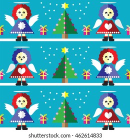 Christmas Seamless pattern with angel with  gifts with ribbon, snow,  Xmas trees with  pink lights and star element in 2 shades on light blue background 
