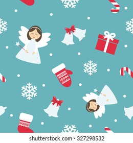 Christmas Seamless Pattern with Angel, Mittens, Bells and Snowflakes.