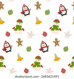 Navidades sin patrón con ángel, muñeco de nieve, pingüino, hombres de jengibre y adornos de árboles de Navidad. Invierno Año Nuevo telón de fondo para los niños, papel de embalaje, telas, textiles. Ilustración vectorial