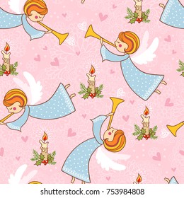Christmas seamless pattern with angels playing the trumpet. Vector illustration on a Christmas theme with a candle and an angel on a pink background.