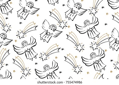 Christmas Seamless Pattern With Angels And Star of Bethlehem. Vector Holiday Background For Wallpaper, Wrapping, Christmas Decorations.