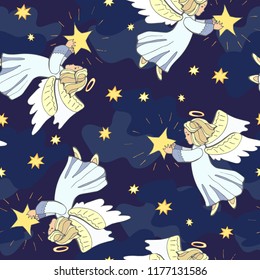 Christmas seamless pattern with angels and stars in the sky.