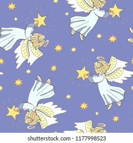 Christmas seamless pattern with angels and stars in the sky.