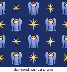 Christmas seamless pattern with  angels and stars on a blue background. Vector cute Illustration in cartoon style.