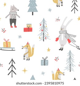 Christmas seamless pattern with animals and decorative elements