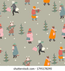 Christmas seamless pattern. The animals are preparing for the winter holidays. Vector graphics.