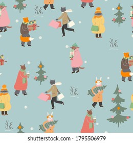 Christmas seamless pattern. The animals are preparing for the winter holidays. Vector graphics.
