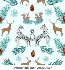 Christmas seamless pattern with animals, tigers, squirrels and reindeers. Christmas pine branches, berries, pine cones. Vector.